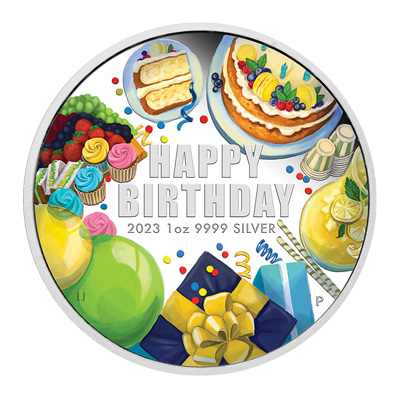 A picture of a 1 oz Happy Birthday Silver Proof Coloured Coin